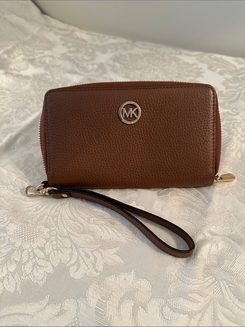 Michael Kors Brown Pebbled Leather Wristlet Clutch with MK Logo